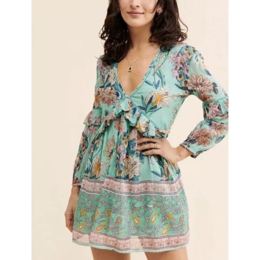 Raga Women’s Deep V Neck Open Back Dress Blue Floral Botanic Enchantment Small S